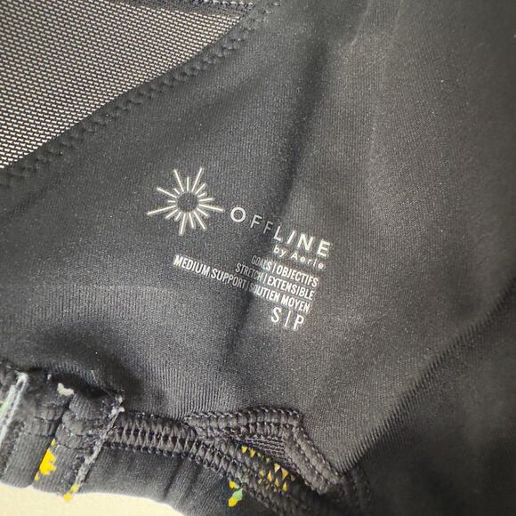 Aerie Offline Goals Plunge Sports Bra True Black Floral Mesh Back Strappy Active - Picture 11 of 15